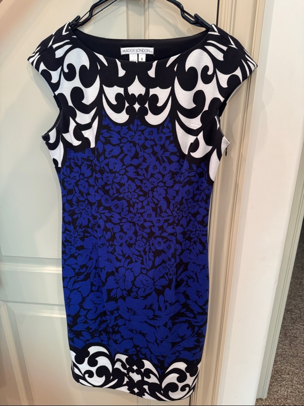 Maggy London Blue, Black & White Floral Sheath Dress - Size 8